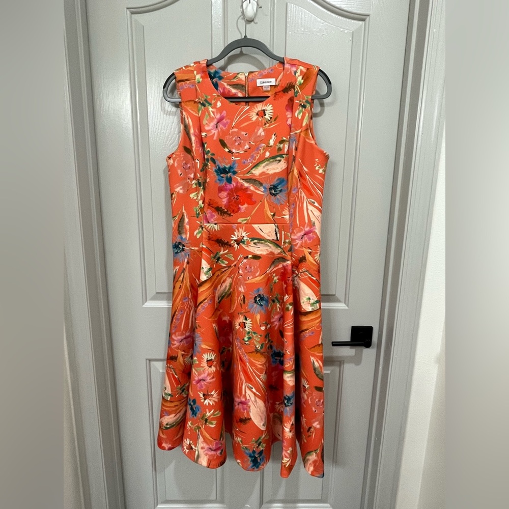 Calvin Klein Size 14 Orange Floral Dress